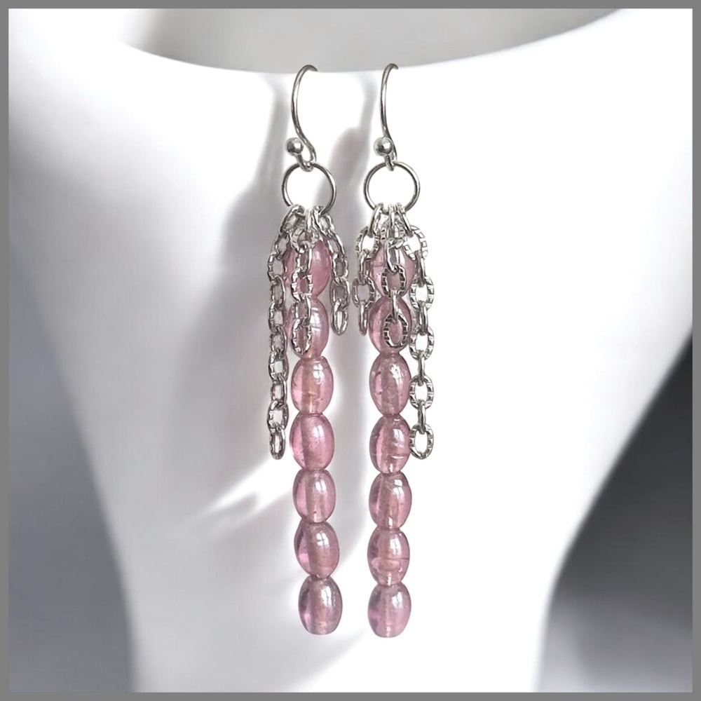 5 For $25💫Long Light Pink Beaded Dangles With Silver Chain Accents